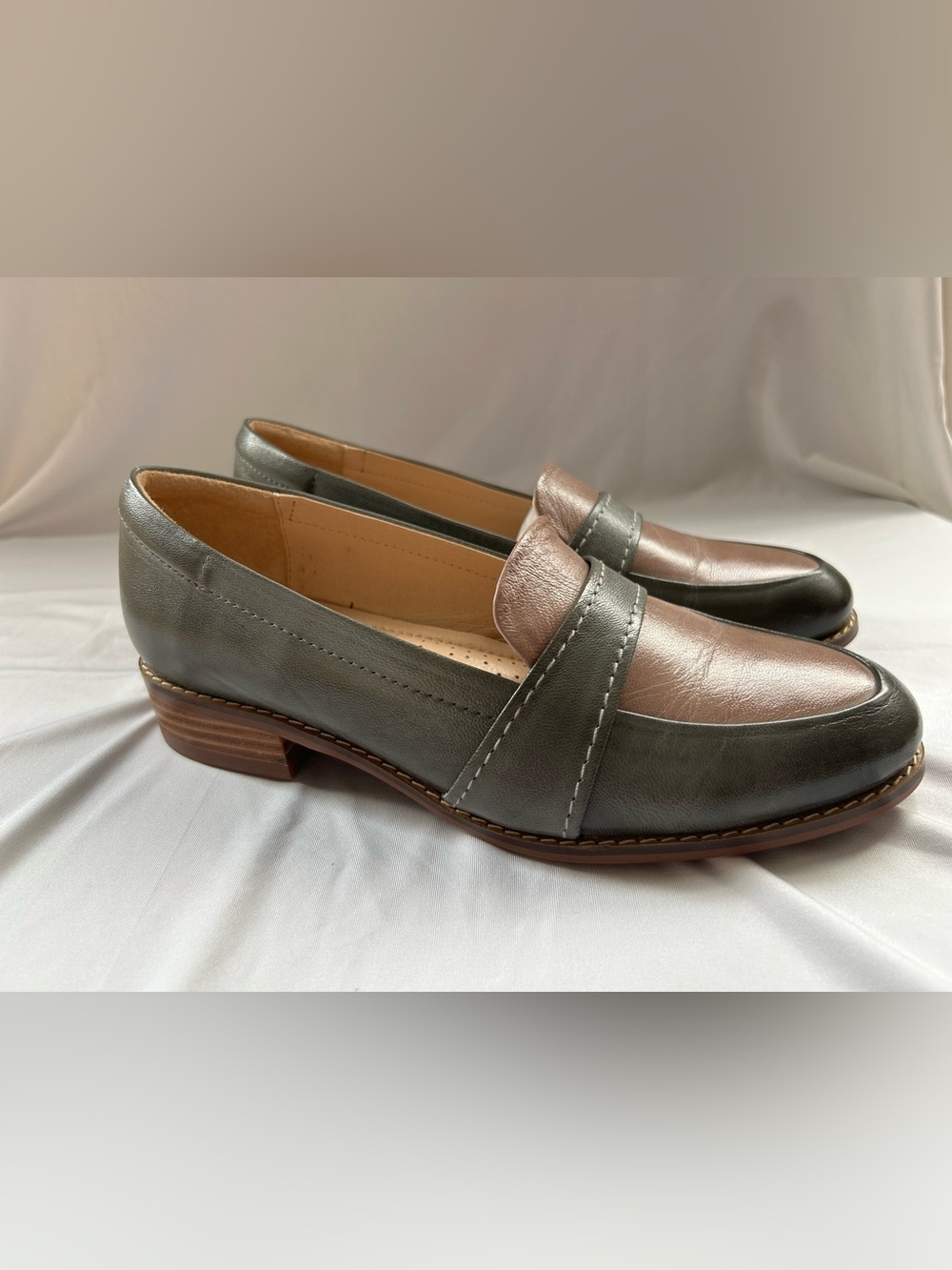 Two-Tone Grey and tan Penny Loafers for Women